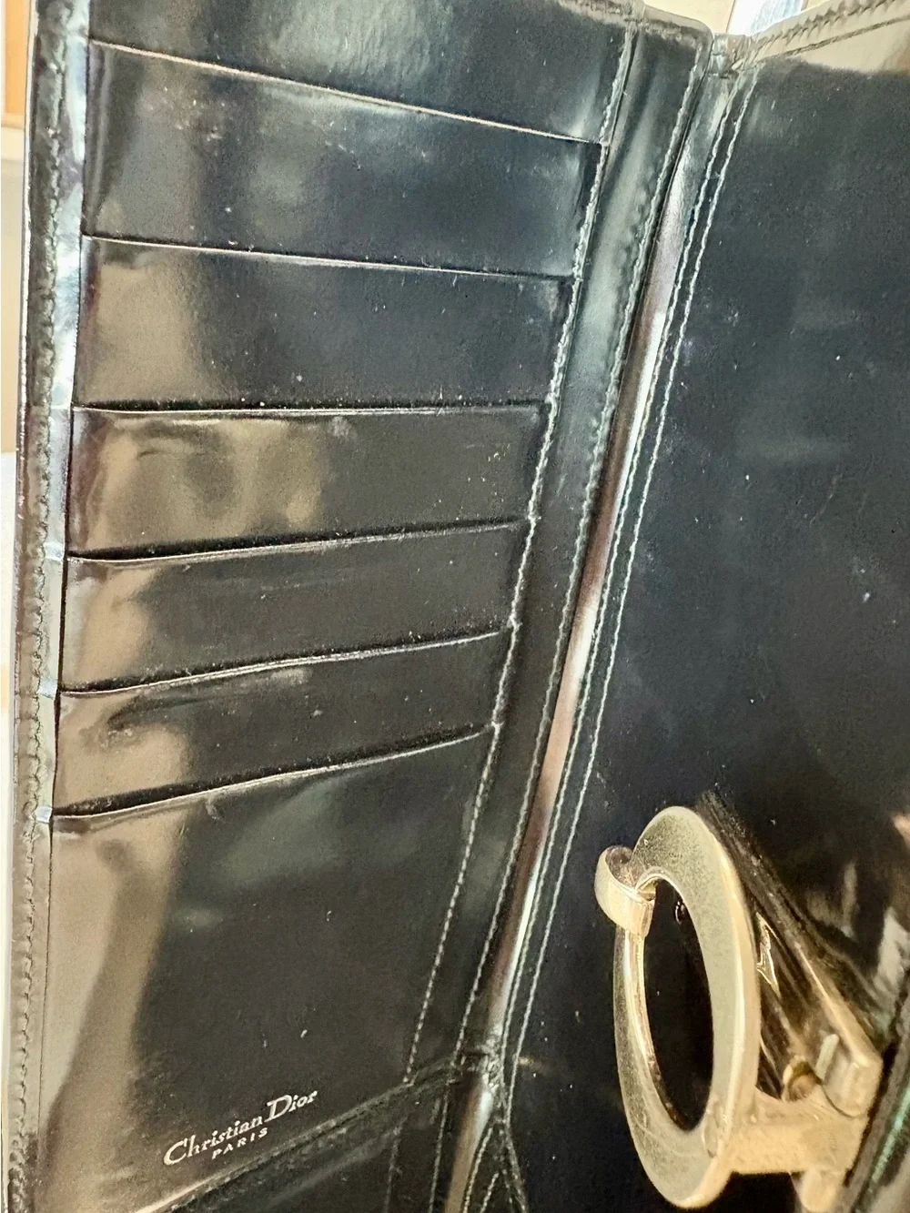 Christian Dior black leather wallet W/silver 